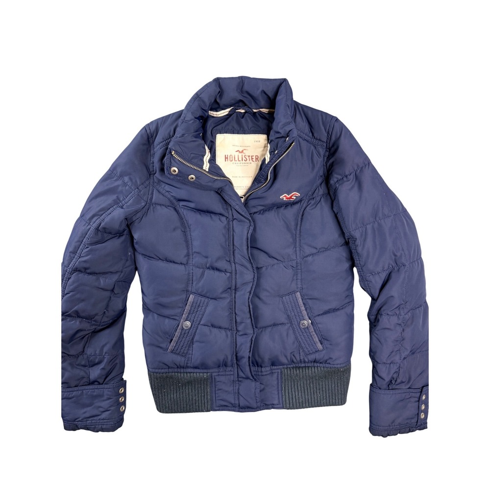 Hollister‎ Navy Blue Down Feather Puffer Bomber Jacket Womens Small Embroidered